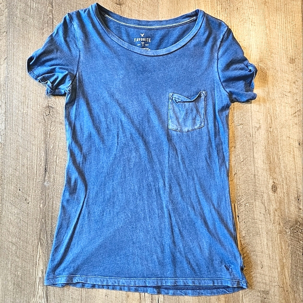 American Eagle Denim Blue Short Sleeve Pocket Tee "Favorite" Shirt | Small